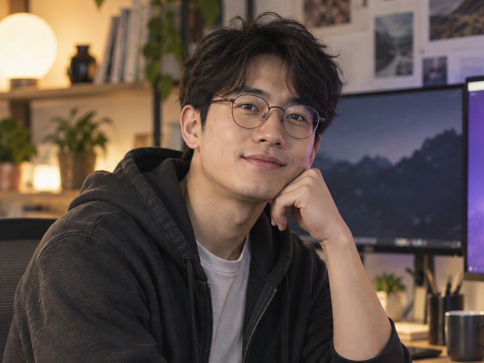 작업실 책상에서 모니터를 곁에 두고 있는 개발자